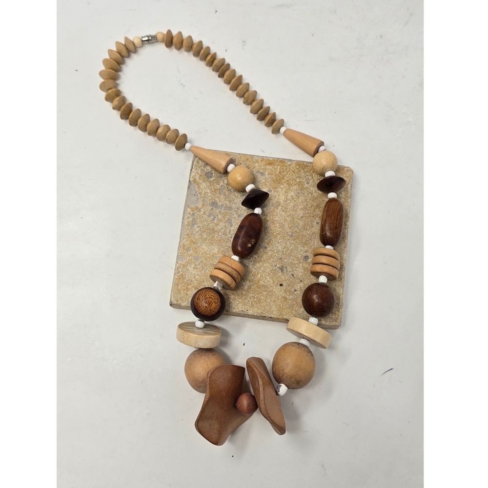 Vtg Y2K chunky wood bead statement necklace women brown earthy boho naturalist - Picture 2 of 8